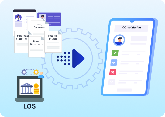 AI validating LOS data, KYC documents, income proofs and financial records to detect inconsistencies and generate audit-ready QC reports.