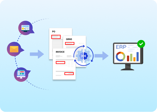 AI performing automated 3-way matching of invoices, POs and GRNs to detect mismatches, overbilling and short receipts for faster ERP posting.