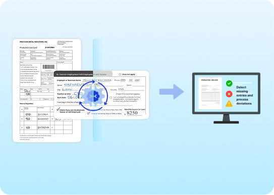 AI digitizing handwritten and printed job cards to extract operation, part, machine and quantity details for accurate production tracking.