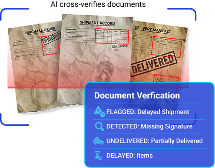 AI validating POD, LR and invoice data against shipment records to flag mismatches, delays, missing signatures or tampered documents.